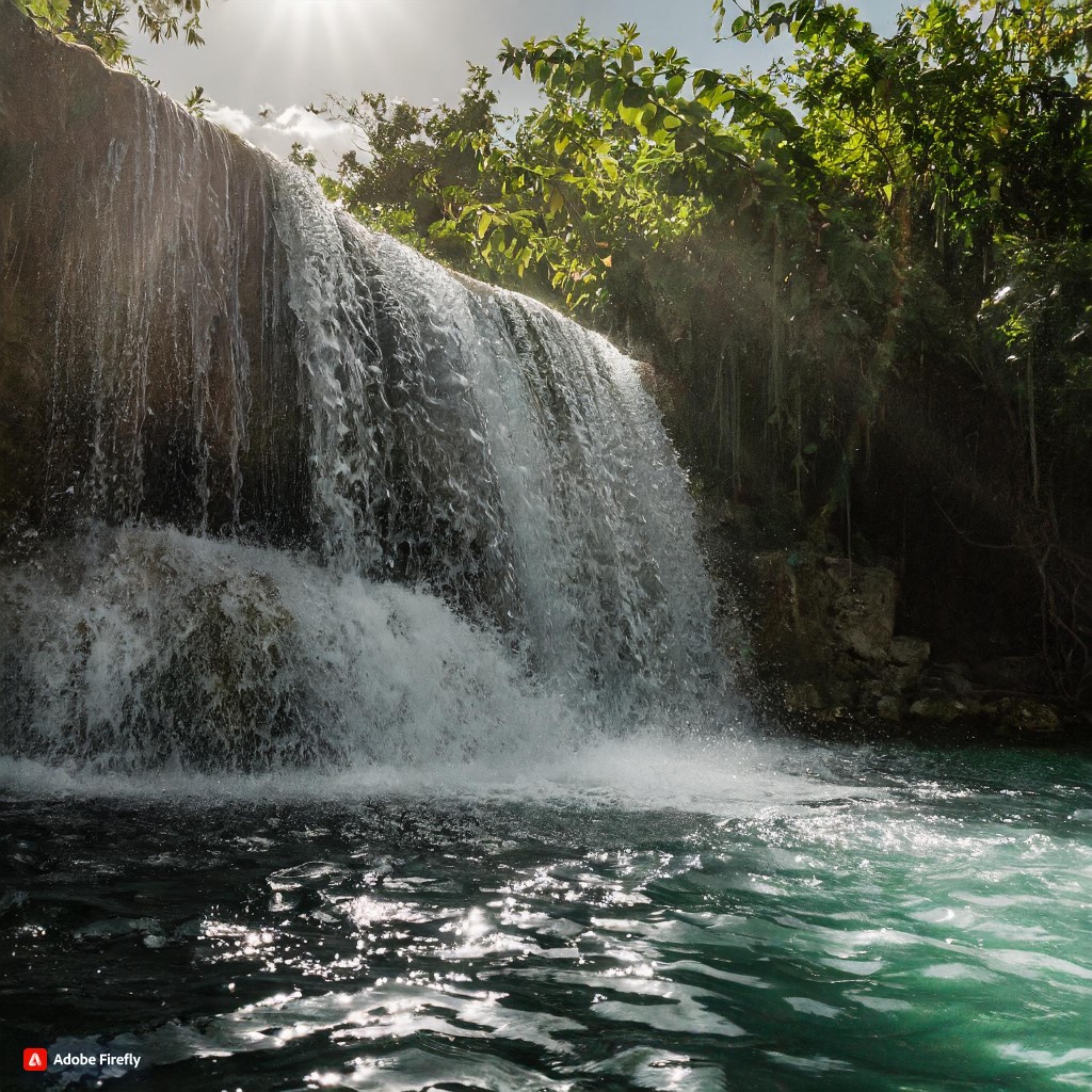Firefly a aesthically pleasing view of a waterfall in mexico cancun with the sun shining through the.jpg